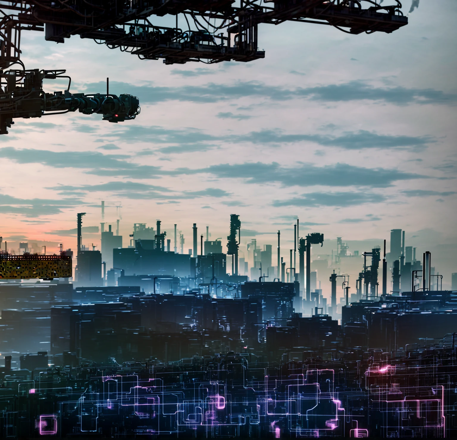 In this dystopian panorama, human hearts beat to machine rhythms. Sunsets are lines of augmented reality code. As factories hum and drones buzz, nature's last breaths fade into forgotten memories.