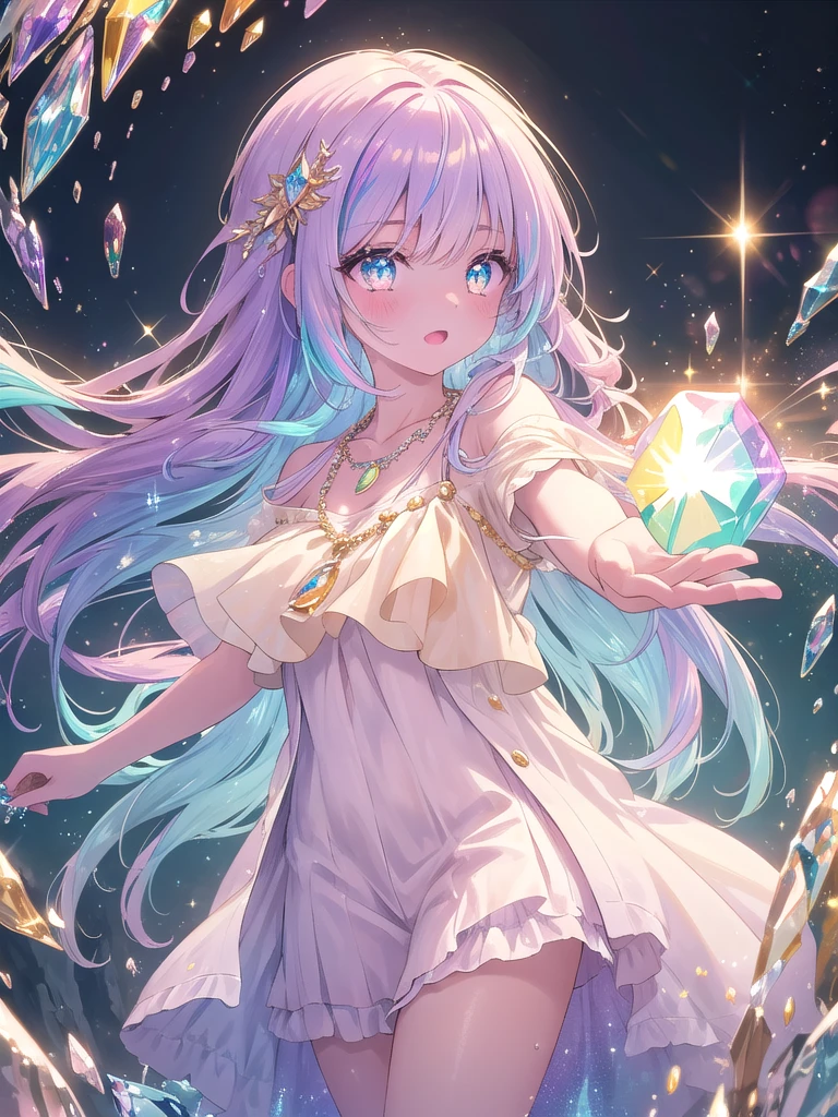 ((8k, best quality, master piece: 1.3)),super high resolution,(1 girl, solo), (colorshift eyes, hyperdetailed, expressive sparkling, glitter, glowing eyes), ultra detailed eyes, ultra-detailed face, random hair, ((pastel color)),  Bohemian style, Cotton, linen,Orange, brown, Bead necklace, fringe, Magical cave, Blue, purple, gold, Dark, magical glow, A dazzling scene with crystal light reflections creating a prismatic effect. The light passes through and refracts in various directions, casting colorful spots and highlights throughout the image. The main subject is bathed in soft, ethereal light that enhances their features and adds a mystical touch.
