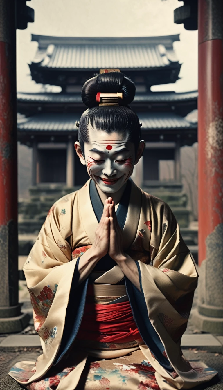 Japanese demon、Smiling、Wearing a kimono,Color,Mouth closed to ears,Hands together in prayer,The background is an abandoned temple