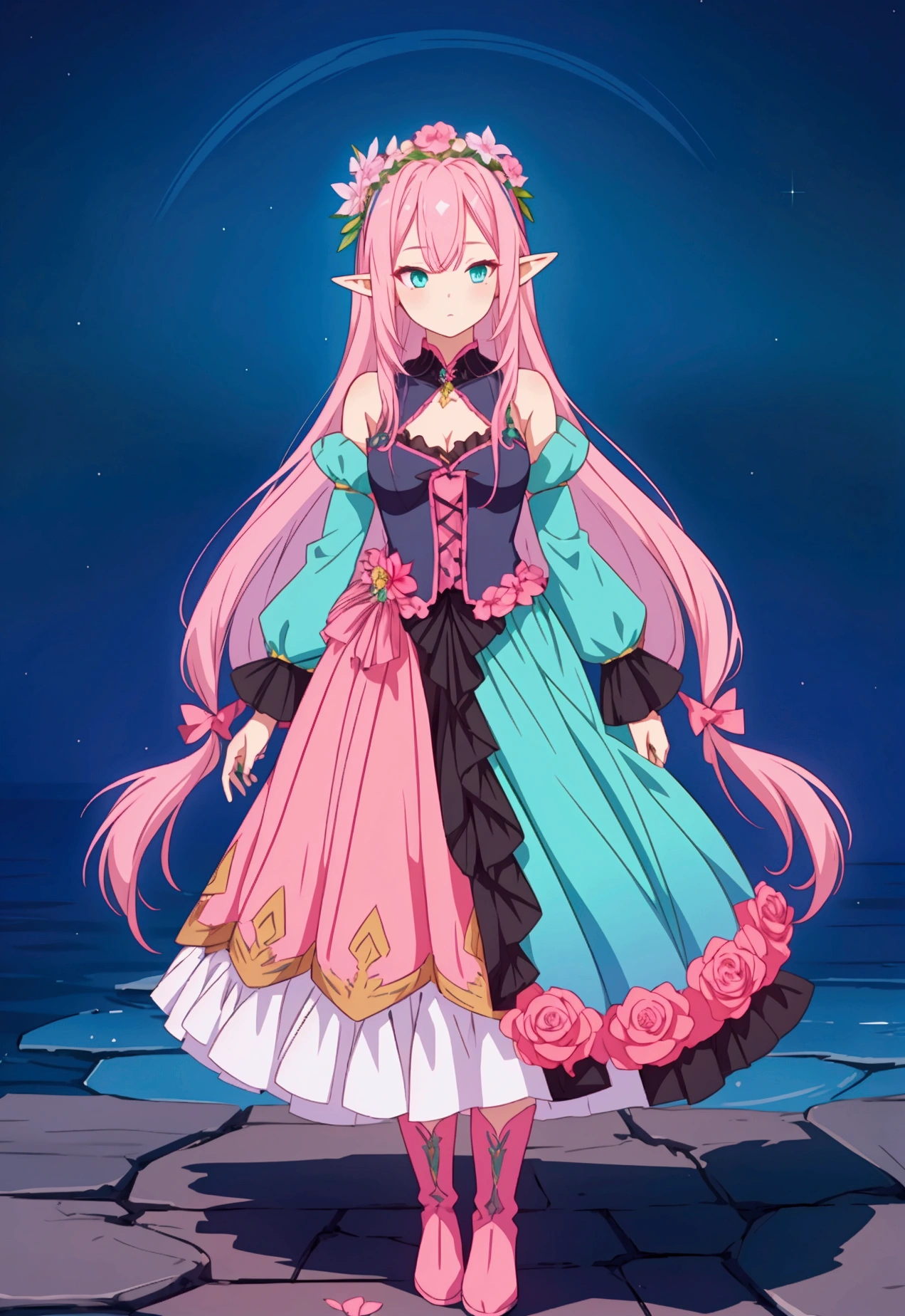 beautiful adult women elf, long pink hair and blue streaks hair, green eyes, with flower crown, black boots, blue dress, pink underskirt and black sleeves, full body.