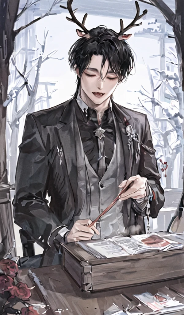 1 men, beautiful lips, male, black hair messing up, half-closed eyes, antlers, a cold and monstrous appearance but very beautiful, vampire type
