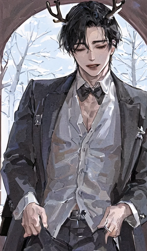 1 men, beautiful lips, male, black hair messing up, half-closed eyes, antlers, a cold and monstrous appearance but very beautiful, vampire type