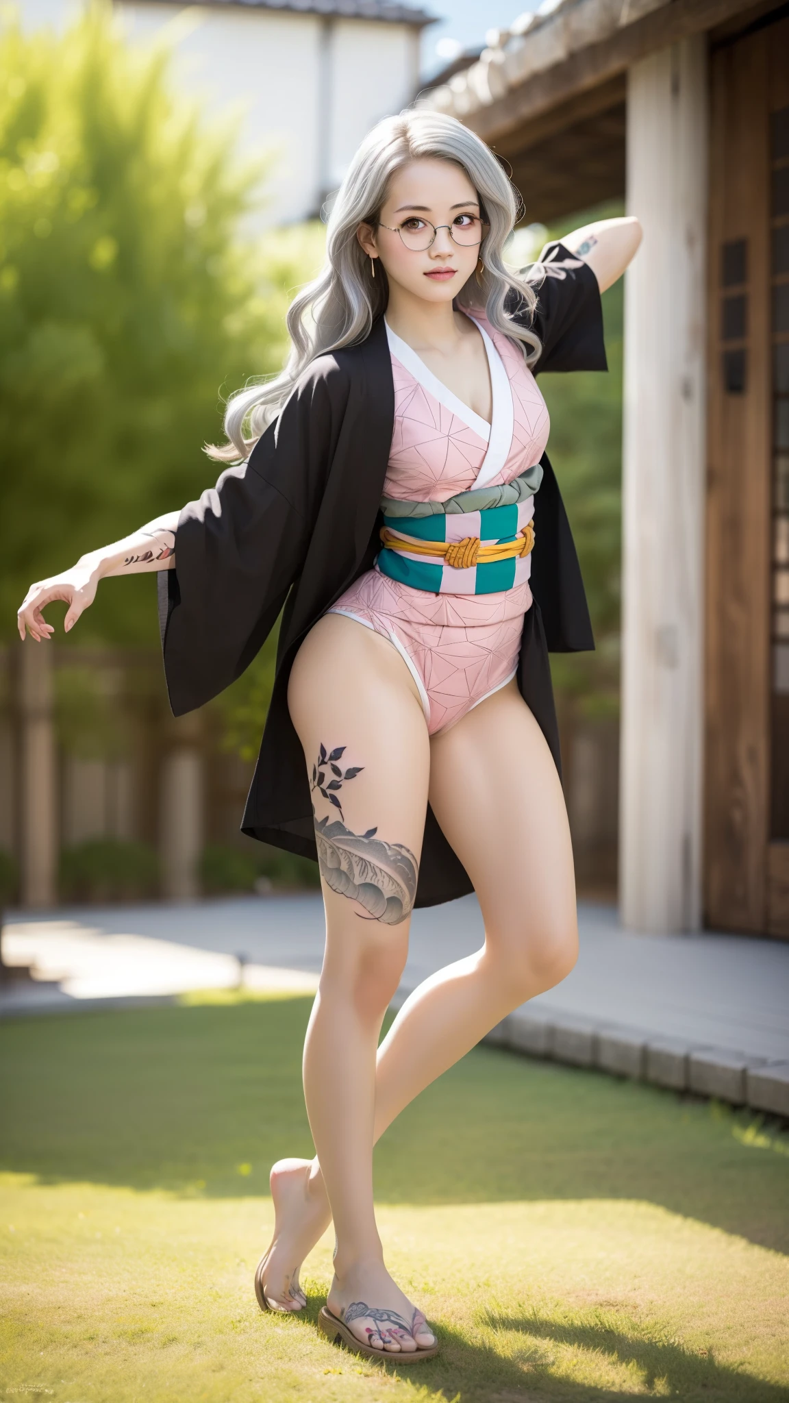 Cute Japanese female, (), (Very cute face), white moist skin, looking at camera, melancholy expression, (Pink bright eyes: 1.4), (Black framed glasses: 1.3)
BREAK,
(Parkour), (Very beautiful berserker female: 1.3), (Dynamic pose: 1.3),
BREAK,
(Wearing pink cute kimono: 1.3), (Highly revealing kimono), Very large earrings, Short length, (Black grass tattoo on body: 1.3),
BREAK,
(Long hair), (Light gray hair: 1.4), (Wavy hair), (Gradient hair: 1.3), (Red tips: 1.3),
BREAK,
(Realistic: 1.3), Masterpiece, Perfect lighting, (Ultra high resolution), (8K), (Highly detailed: 1.4), (From the front), (Full body: 1.4), (Symmetrical: 1.2), (One cut),
BREAK,
(Big cities in Japan: 1.2),