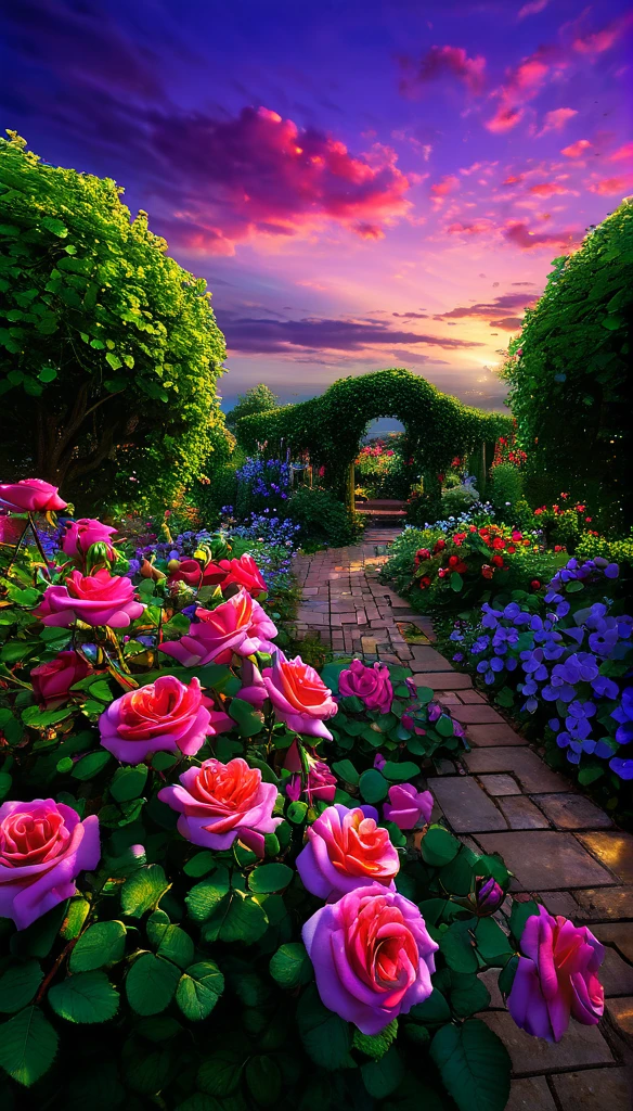 summer sky,photorealistic,highly realistic,extreme details,breathtakingly realistic,high contrast realism,high saturation realism,vibrant colors,dramatic lighting,captivating landscape,compelling storytelling,atmospheric scene,mesmerizing visuals,intricate details,strong emotions,celestial beauty,Dreamlike world Roses, violets, seven-colored garden