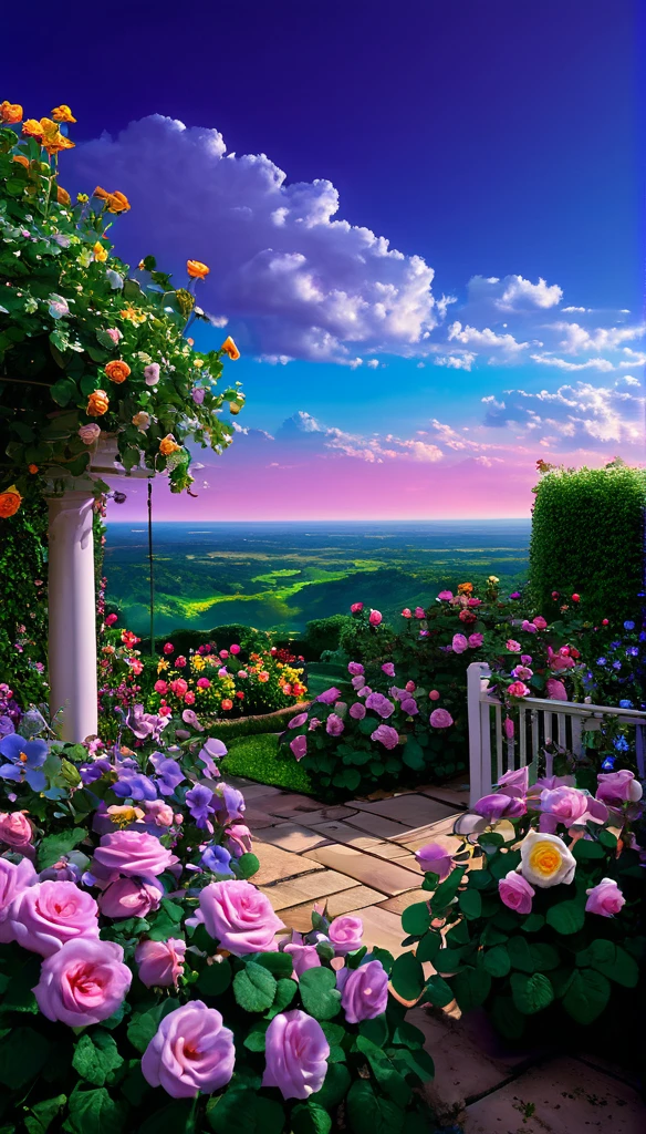 summer sky,photorealistic,highly realistic,extreme details,breathtakingly realistic,high contrast realism,high saturation realism,vibrant colors,dramatic lighting,captivating landscape,compelling storytelling,atmospheric scene,mesmerizing visuals,intricate details,strong emotions,celestial beauty,Dreamlike world Roses, violets, seven-colored garden