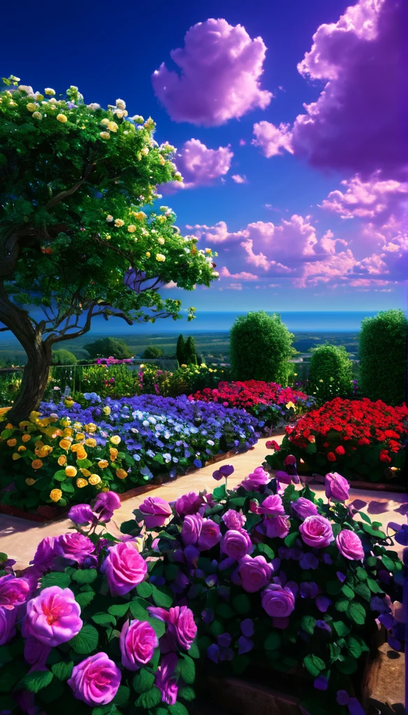 summer sky,photorealistic,highly realistic,extreme details,breathtakingly realistic,high contrast realism,high saturation realism,vibrant colors,dramatic lighting,captivating landscape,compelling storytelling,atmospheric scene,mesmerizing visuals,intricate details,strong emotions,celestial beauty,Dreamlike world Roses, violets, seven-colored garden