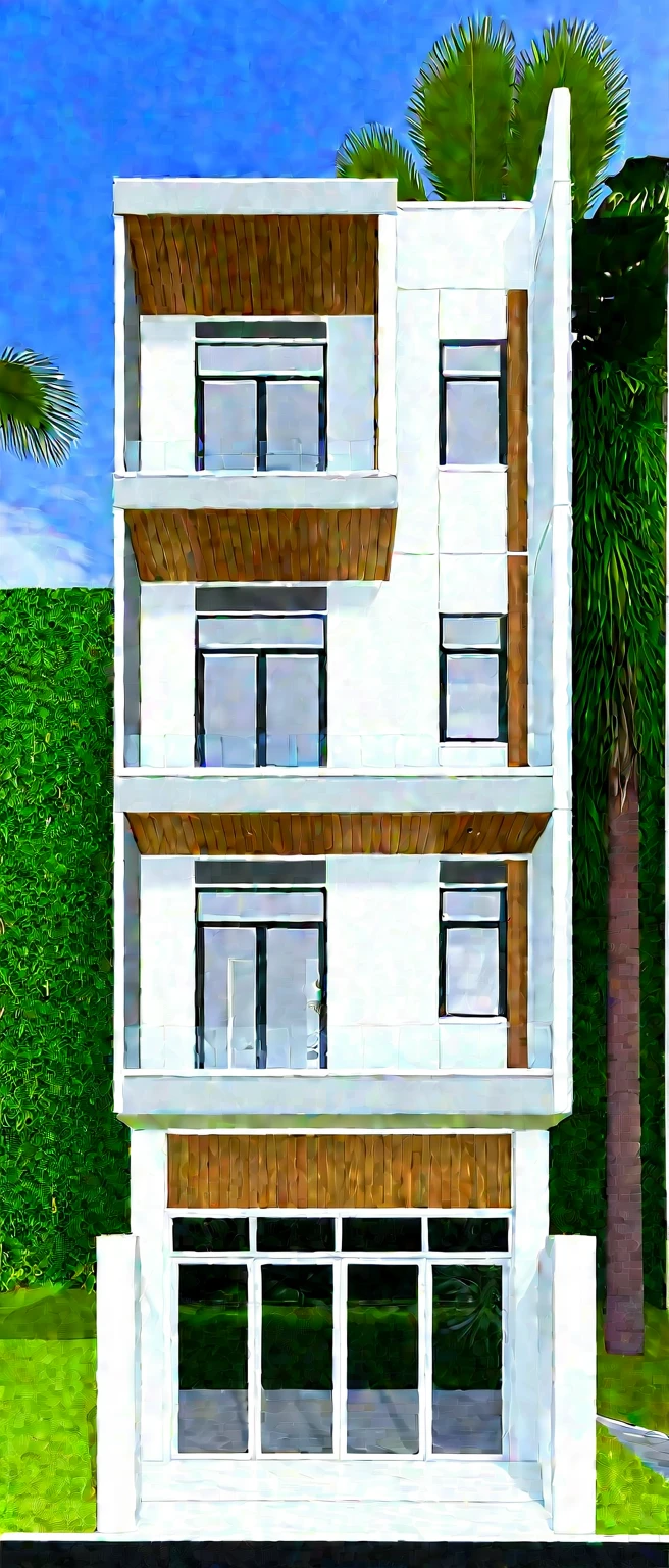 A hyper-realistic image of a modern house with a minimalist design, featuring a combination of wood and white materials. The house has a flat roof, large glass windows, and a balcony with a glass railing. The entrance is flanked by lush greenery and palm trees. There is a wooden gate in front and the garden includes various tropical plants. The overall ambiance is serene and contemporary, with detailed textures and realistic lighting, shadows, and reflections. The colors are vibrant and true to life, showcasing the natural beauty of the materials and the surrounding environment. Additionally, the house is surrounded by a well-maintained garden with various tropical plants and flowers, a clean street with a sidewalk, and a modern urban setting.