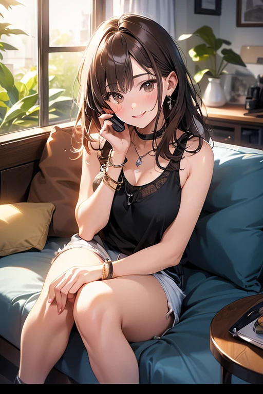 (masterpiece, Highest quality, Very detailed, High resolution, 4K),(Beautiful attention to detail),(Very detailed顔),(One girl),High resolution,Long Hair, Shorts, Telephone, Brown eyes, Brown Hair, cellTelephone, bracelet, Tank top, jewelry, clock, lips, Focus Only, Manicure, Blurred background, smile, wristclock, Realistic, Blurred, View your viewers