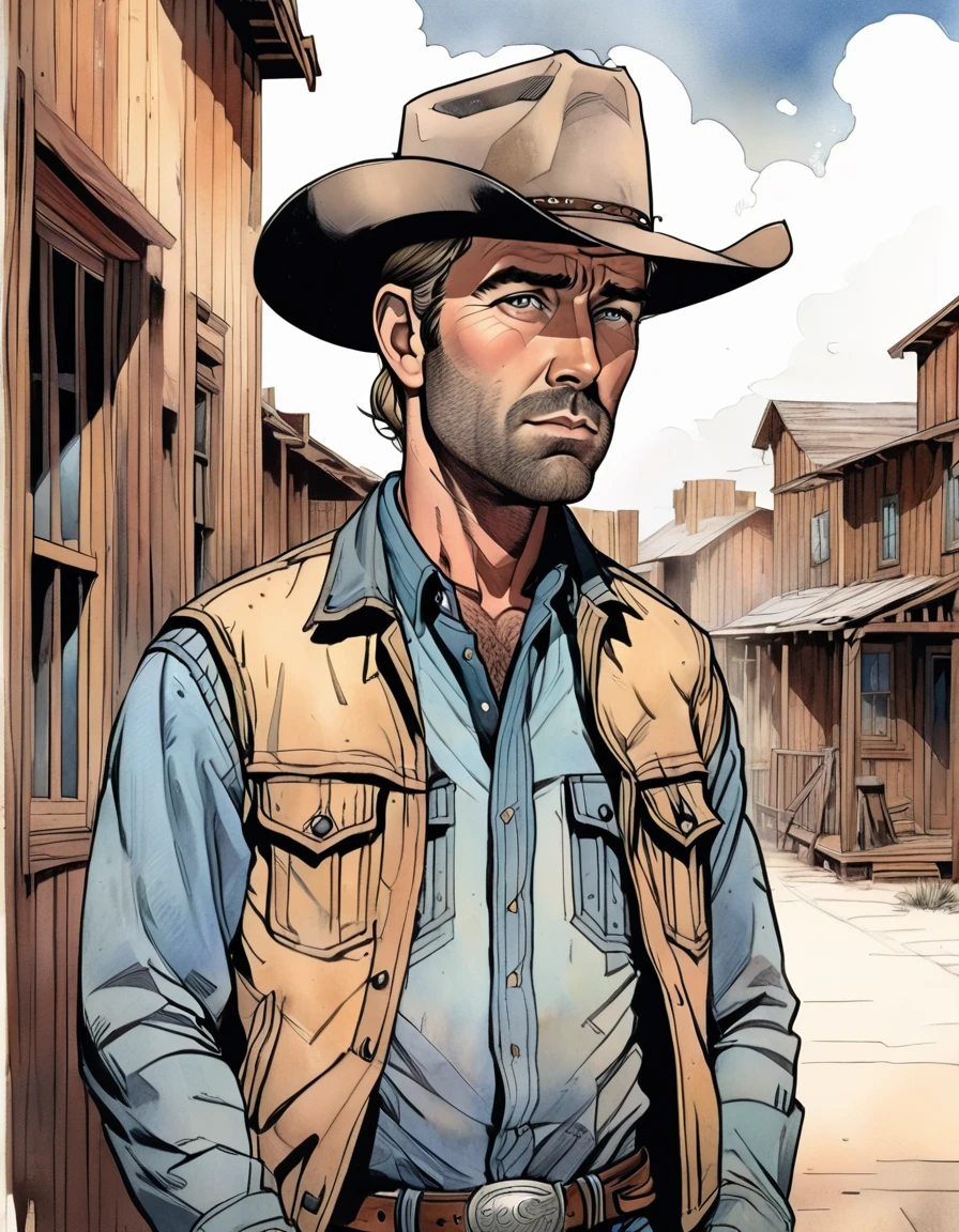 a rugged cowboy, detailed portrait of shane as Alan Ladd, handsome man with intense gaze, chiseled facial features, weathered skin, cowboy hat, leather gloves, jean jacket, western setting, dusty town, wooden buildings, horses, cinematic lighting, dramatic shadows, muted color palette, masterpiece, photorealistic, 8k, highly detailed, watercolor