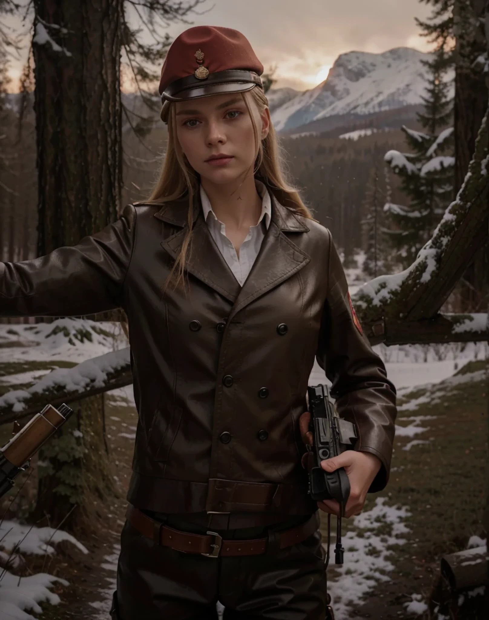 Beautiful young Soviet soldier woman, the most beautiful Latvian face, military hairstyle blonde hair, military red hat, leather gloves, dark red Soviet style uniform with black details, holds a pistol, belt with ammunition and transmitter, military boots, stands in a Polish forest, snowy day, red sky, 4k, Ultra detailed image, realistic, Highly detailed, perfect composition, splendid, Intricately detailed, incredibly detailed, Art photography 8K, hyper detailed, Masterpiece, Ultra detailed