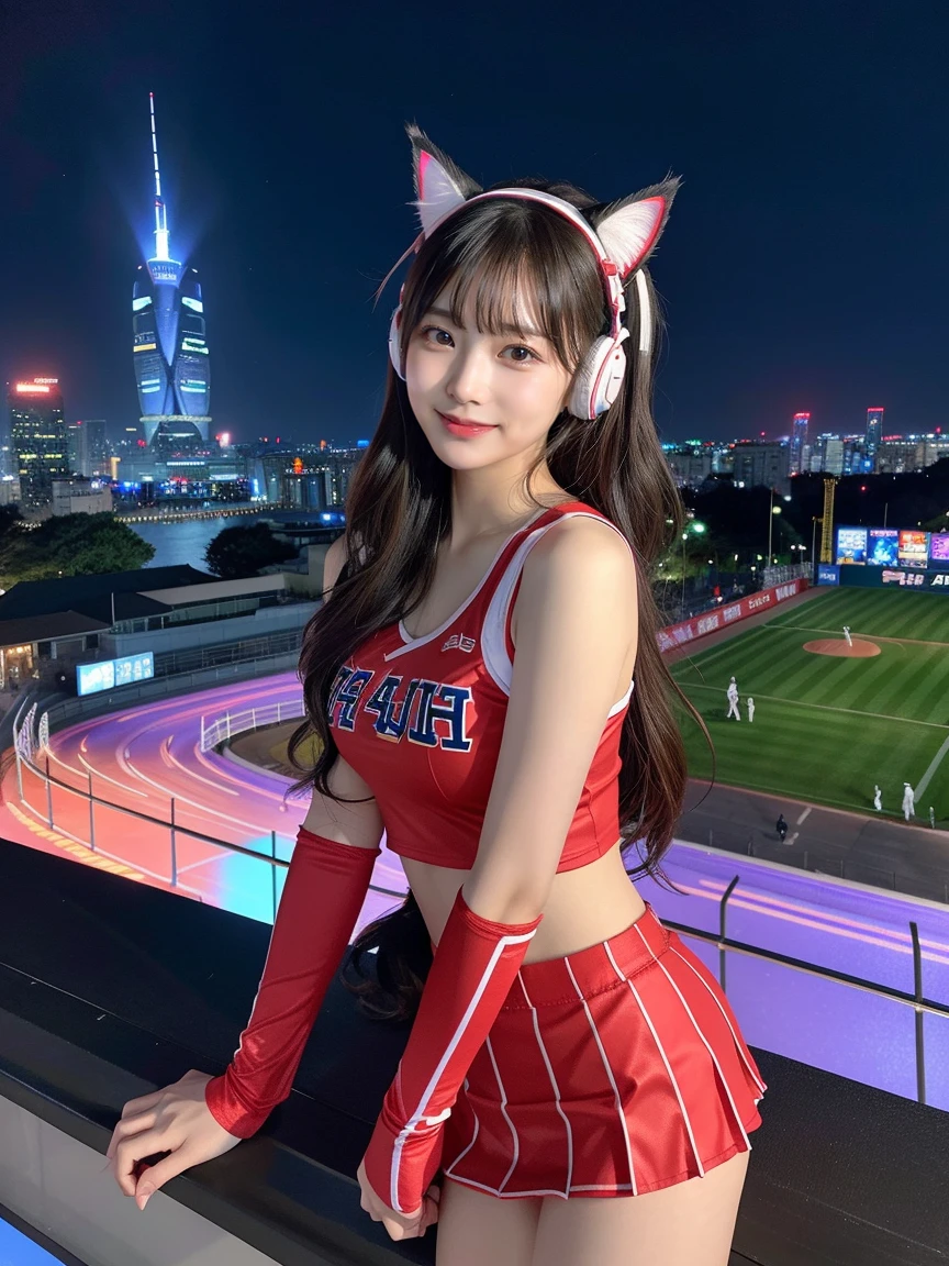 Full body photo、whole、最high quality, masterpiece, 32K、Very detailed、Realistic、1 person, Japanese women、Cute Face, (photo Actual:1.3), Edge lighting, (Skin with attention to detail:1.2), 8k超High resolution, Single-lens reflex camera, high quality, High resolution, 4K, 8k, Optimal ratio of four fingers to one thumb, (Actual:1.3), smile、自然なsmile、Baseball Cheerleader Costumes(Bright pink、Light blue line design、Japanese professional baseball cheerleaders)、Cat ear headphones(ピンク色のネオンCat ear headphones)、cute 1 person, Realistic、Super Realistic、32K、Very detailed、masterpiece, 最high quality, beautiful girl, beauty、 Mecha, Beautiful lighting, Sitting,Cyber Neon、Future City、Skyscraper、City Night、Shanghai、Metropolis、Night view、綺麗なNight view