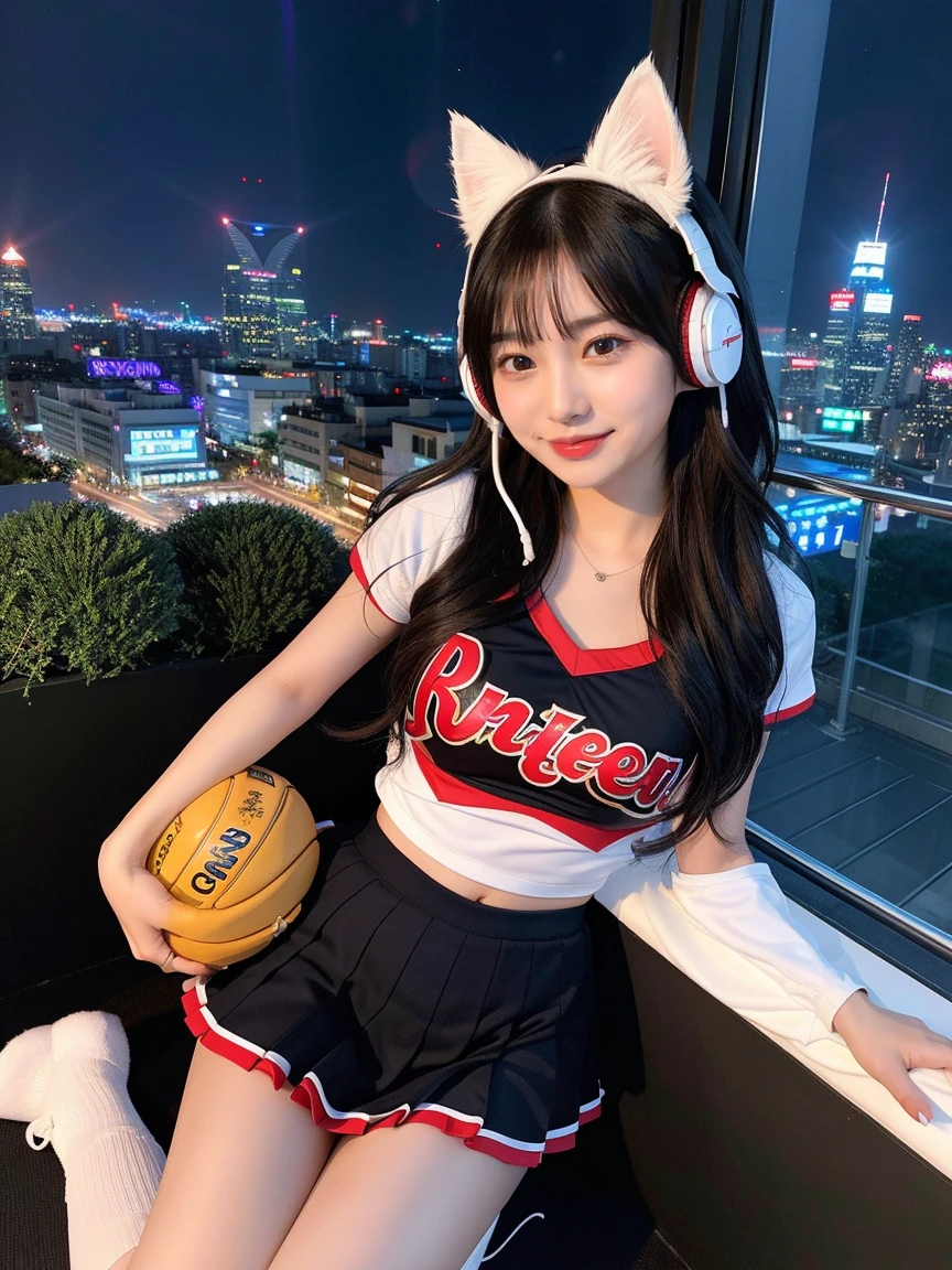 Full body photo、whole、最high quality, masterpiece, 32K、Very detailed、Realistic、1 girl, Japanese women、Cute Face, (photo Actual:1.3), Edge lighting, (Skin with attention to detail:1.2), 8k超High resolution, Single-lens reflex camera, high quality, High resolution, 4K, 8k, Optimal ratio of four fingers to one thumb, (Actual:1.3), smile、自然なsmile、Baseball Cheerleader Costumes(black、Red line design、Japanese professional baseball cheerleaders)、Cat ear headphones(ピンク色のネオンCat ear headphones)、cute 1 girl, Realistic、Super Realistic、32K、Very detailed、masterpiece, 最high quality, beautiful girl, beauty、 Mecha, Beautiful lighting, Sitting,Cyber Neon、Future City、Skyscraper、City Night、Shanghai、Metropolis、Night view、綺麗なNight view