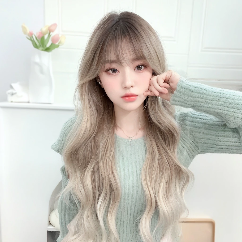 ((best quality, 8K, masterpiece :1.3)), Clear focus :1.2, KPop Girls Korea. Rose. Rose. 24 years old. Body. Slim. Thin. Fascinating. ((Makeup face. Lipstick)) Long curly hair . )) Also show your ears. In front of the camera.Practical. Close Range. 20 days, Solitary, Photo-real,Mouth is very clear,Highly realistic mouth,Mouth texture is clear,Face HD,High facial resolution,Super realistic graphics,Realism