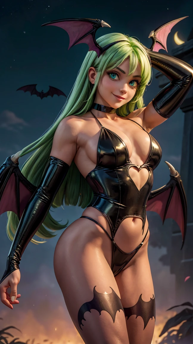 morrigan, cute smile, (Beautiful bright green eyes), (long green straight hair, bangss), (head wings), (black latex collant, bared shoulders, heart cutout on navel), neckleace, (bright pink pantyhose, Bat print), bat wings on the back, (bright pink bridal gauntlets, white fur lining), (looking ahead at viewer), (dark moonlit sky background)