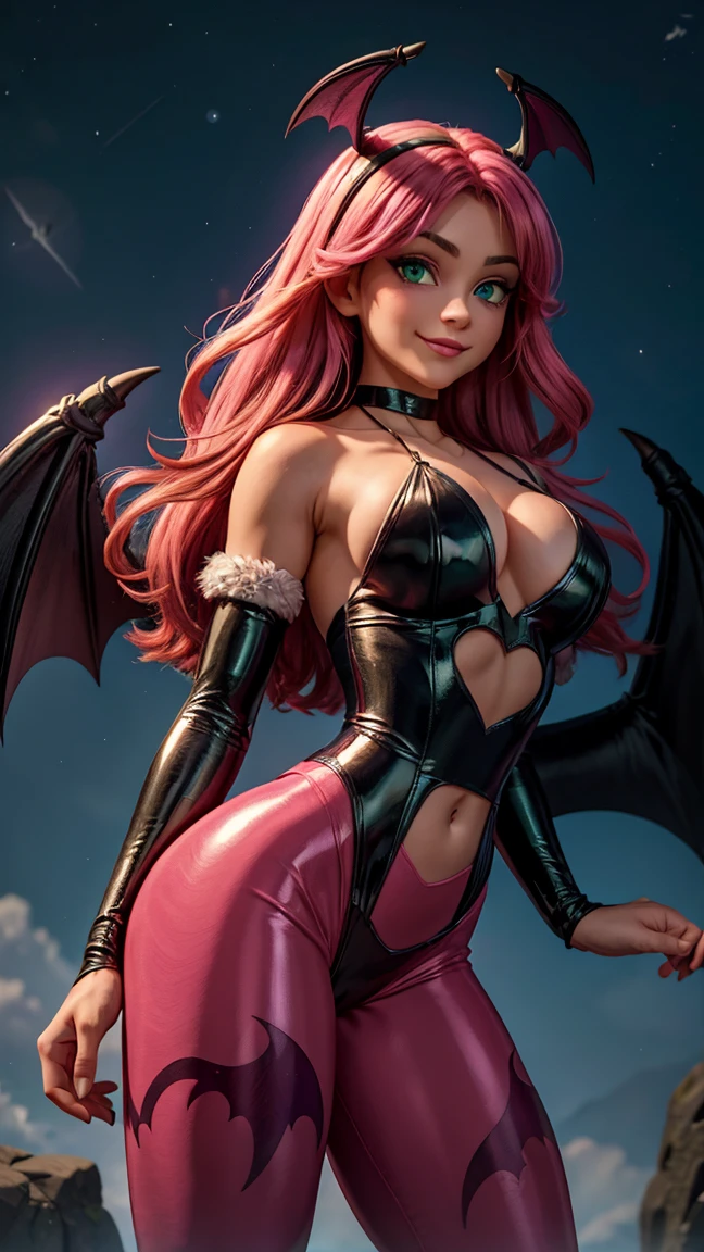 morrigan, cute smile, (Beautiful bright green eyes), (long green straight hair, bangss), (head wings), (black latex collant, bared shoulders, heart cutout on navel), neckleace, (bright pink pantyhose, Bat print), bat wings on the back, (bright pink bridal gauntlets, white fur lining), (looking ahead at viewer), (dark moonlit sky background)
