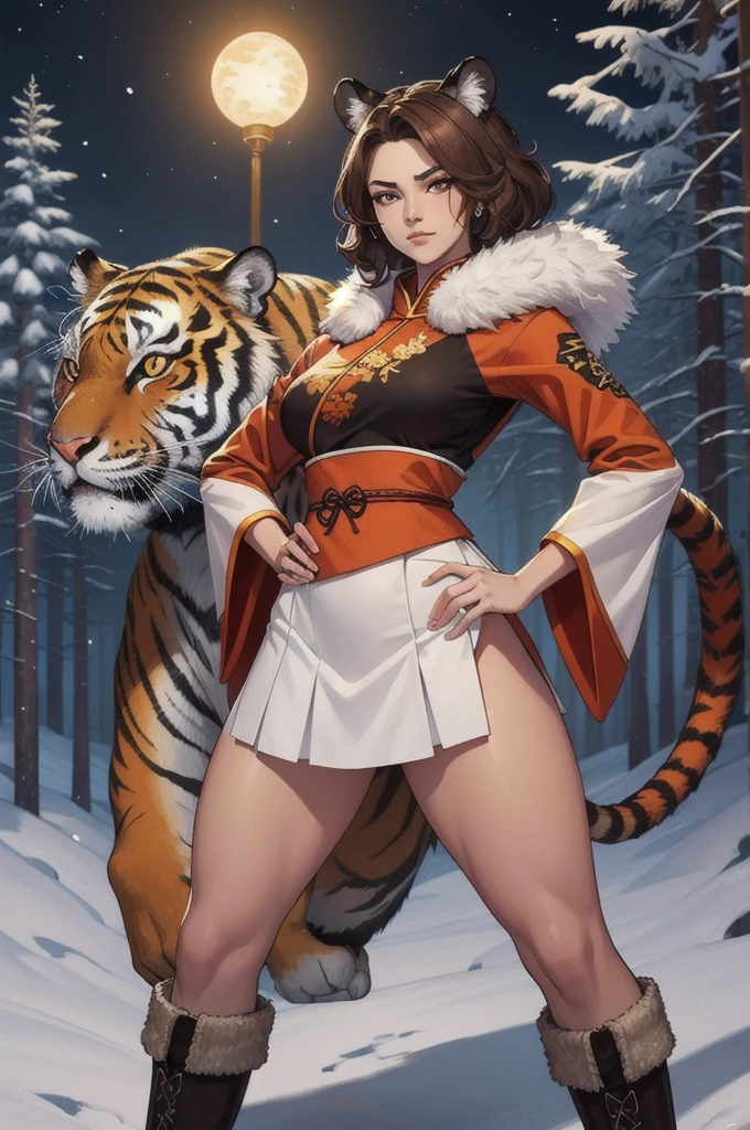 Feline Warrior, tiger woman with vibrant orange and black fur, Masterpiece artwork, 4K, highly detailed,high qualiy,beautiful face of J Scott Campbell using ArtCalmV2, Kizi, furry, Charismatic, dynamic pose, snowy forest at night, red chinese traditional clothes, white skirt, Brown boots,katana is carefully stored on his hip, has short light brown hair and tiger ears, beyond a tiger&#39;s tail, green eyes reflect a guarded posture and a display of resilience, surrounding environment is a forest landscape at night, illuminated by the dynamic light of the full moon, creating a contrast between the wild and relaxing environment, por Greg Rutkowski,
