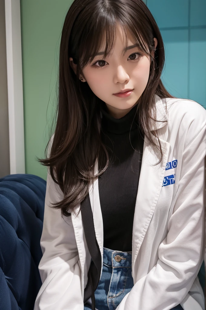 8K,high-level image quality、portlate、reality、Female Doctors、(1 female)、25 years old women、hospitals、（Manteau blanc）、Sit on a chair、Examination room、（stethoscope）、Patient examination、White Ultra Mini Skirt、curlyhair、ssmile