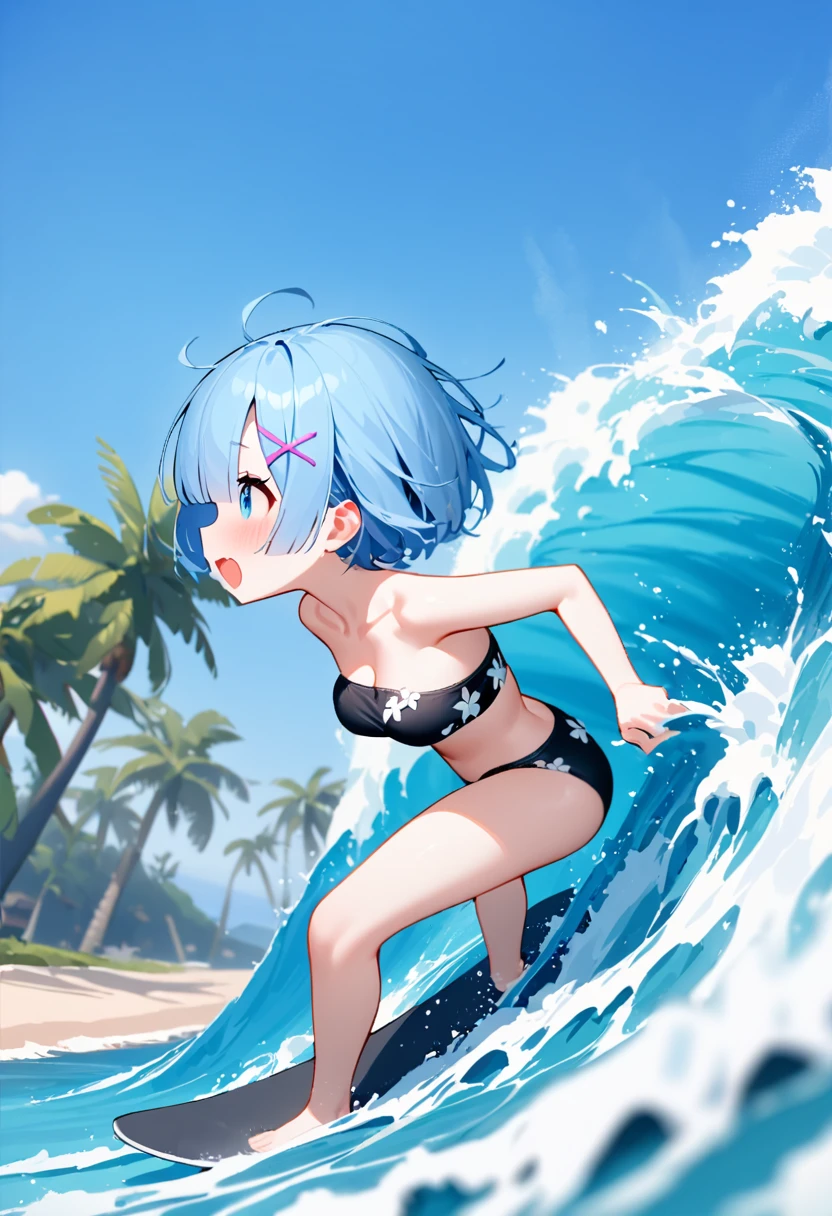 1girl, rem (re:zero), re:zero kara hajimeru isekai seikatsu, blue short hair,katyusha,flower pattern bikii,bandeau bikini, surfing, riding wave, riding a surfboard, bouncing breasts:1.1,ocean spray, palm trees on shore, clear blue sky, exhilarated expression, hair windswept, motion blur effect, running pose, streaked background, sense of speed, masterpiece, best quality, absrederes,motion lines:1.4
