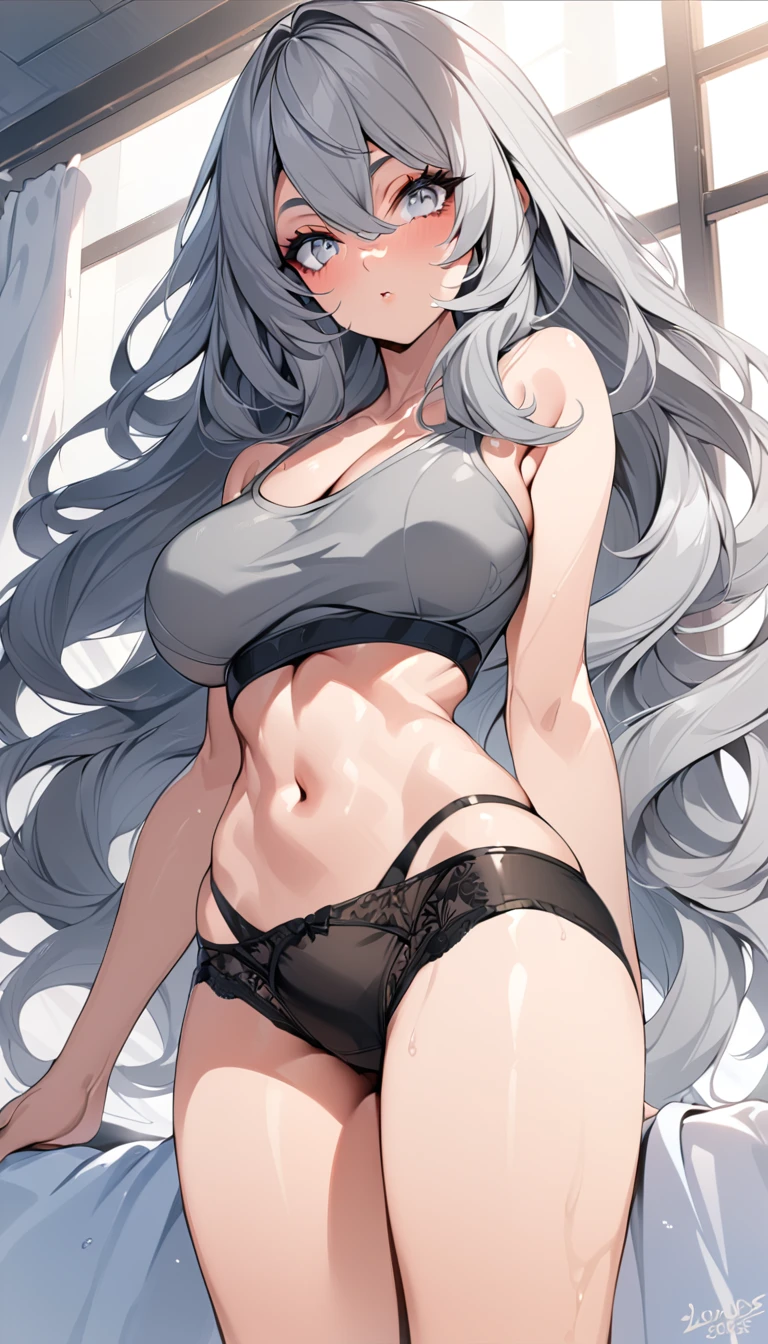 (Perfect body),Best Quality,(8K Portrait),(Official art)、((NSFW))、((Big Big Breasts))、((thick thight))、((big butts))、(Twin-tailed)、(Gray hair)、Blue eyes、((Sweat))、((light blue underwear with white lace))、((:o))、(embarrassed from)、1girl in、atlibrary