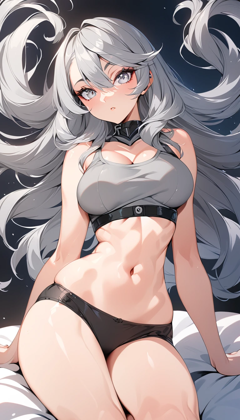 Girls, Bangs, Bare Shoulders, Black Pants, Breasts, Breasts squeezed together, Grey background, Hair between the eyes, Huge breasts, Long hair, View Viewer, Pants, Parted lips, Red eyes, Shirt, Simple background, Sleeveless, Sleeveless shirt, Solo, Turtleneck, V arm, White hair,(Shiny skin),(Masterpiece:1.4),(Best quality:1.4),,Facigirl,Red lips,Perfect abs, belly button, (nipple: 1.5), (sheer areola), nipple, huge, sweat,