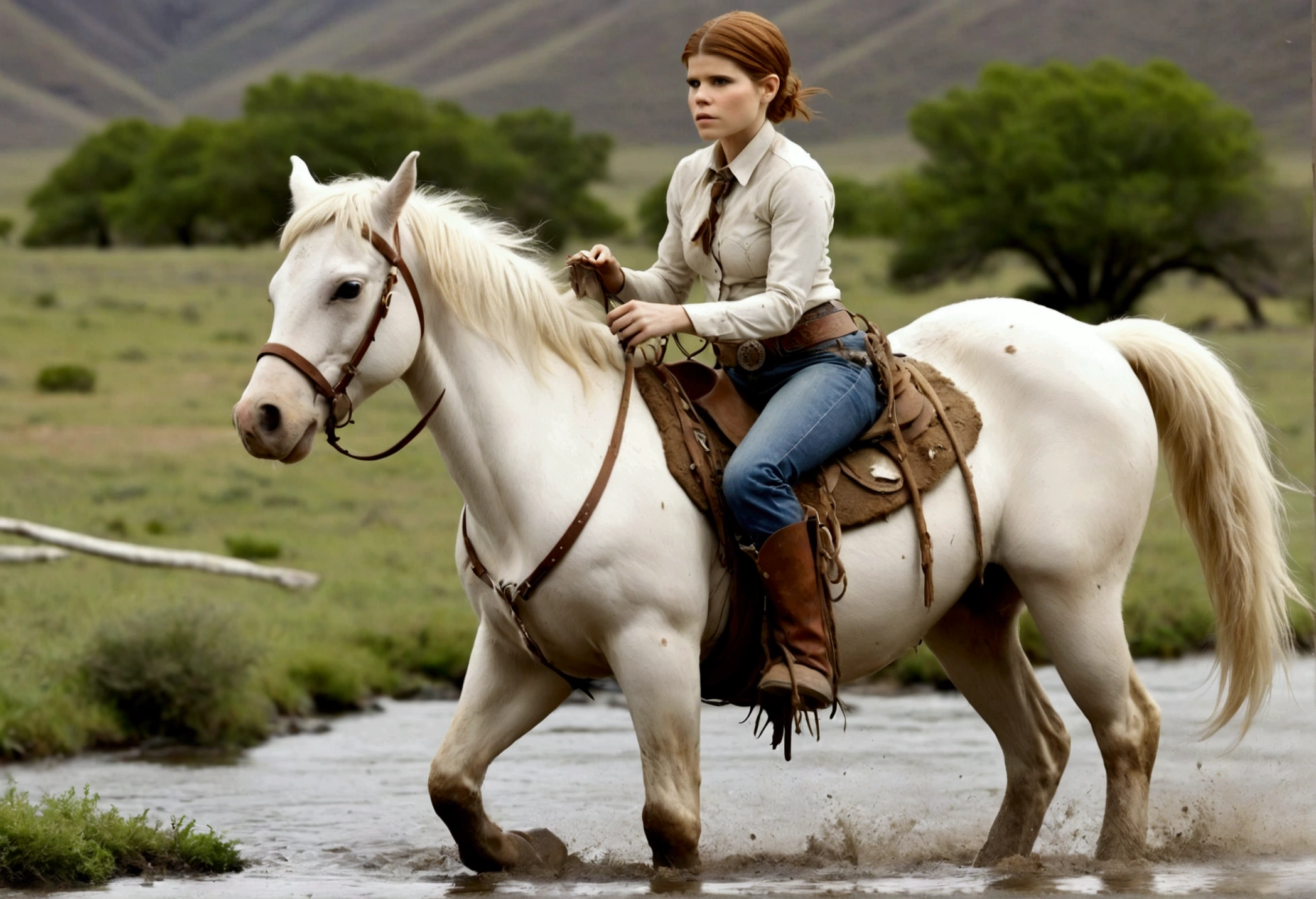 A cutee woman (Kate Mara, age 25, dirty and dingy, cowboy outfit dirty but mainly white) riding a white pony, she is part if a cattle drive crossing a stream, rolling plains