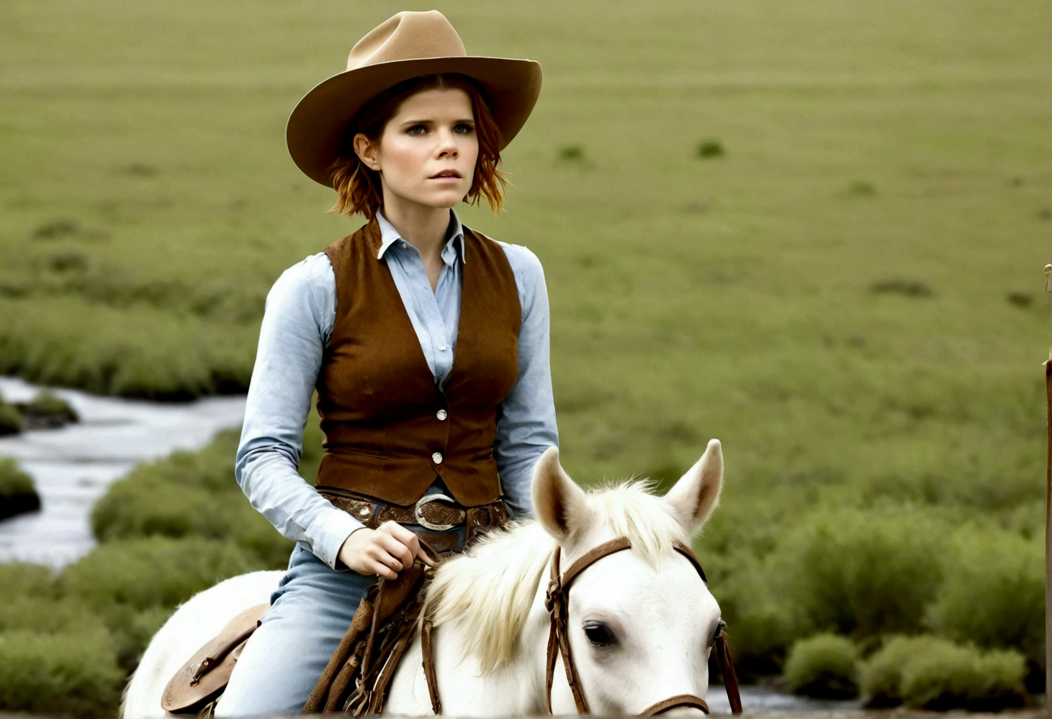 A cutee woman (Kate Mara, age 25, dirty and dingy, cowboy outfit dirty but mainly white) riding a white pony, she is part if a cattle drive crossing a stream, rolling plains