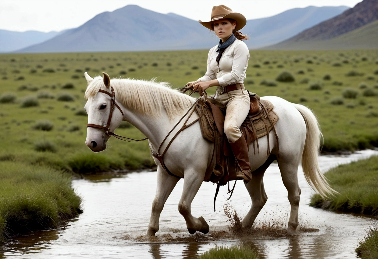 A cutee woman (Kate Mara, age 25, dirty and dingy, cowboy outfit dirty but mainly white) riding a white pony, she is part if a cattle drive crossing a stream, rolling plains