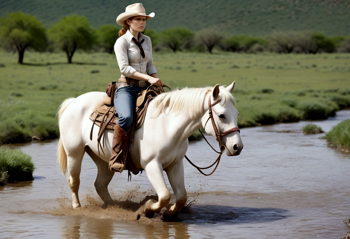 A cutee woman (Kate Mara, age 25, dirty and dingy, cowboy outfit dirty but mainly white) riding a white pony, she is part if a cattle drive crossing a stream, rolling plains