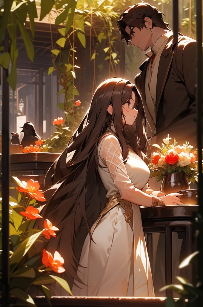 half body photograph of a couple beneaf the vines staring romanticaly at each other, near a tea table, ((big breasted girl wearing white dress with long white hair)), (athletic muscular mature boy with brown hair wearing casual clothes), gaussian blur italian garden background, flowers, fruits, birds, tropical vibes