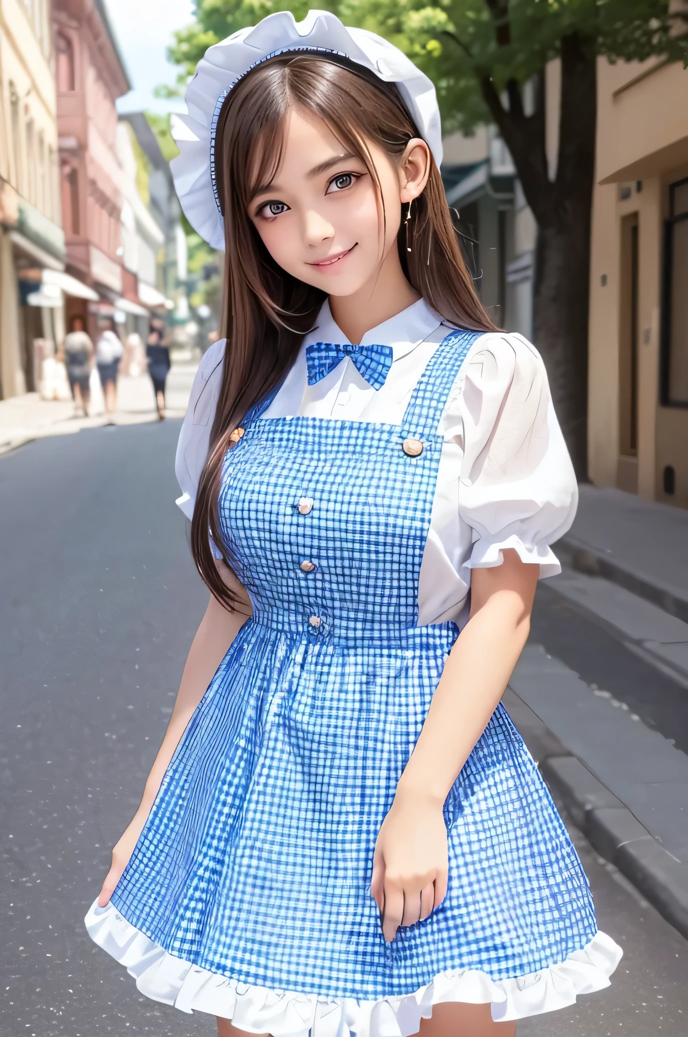 (Very beautiful cute girl), (very cute face:1.2),18 yo, (sparkling crystal clear attractive large eyes:1.2), Beautiful detailed eyes, Detailed double eyelids, (smiling), (realistic photograph:1.2), long straight brown hair,(Super shiny blue gingham maid costume :1),
(beautiful blue gingham Maid costume:1),cowboy shot,in the street