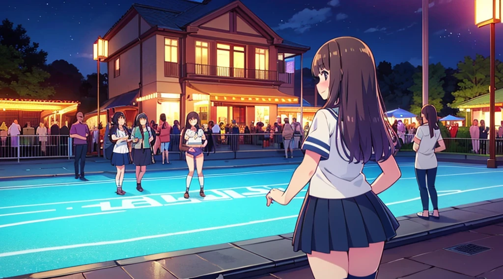 {of the highest quality], [Super beautiful], [Ultra Fine], [best illustration], NSFW,Brown hair, hime cut, by the wide, with bangs, Girl,high school student,uniform,weave,short sleeve,Skirt,smile, blush, Thin women, adult women,standing posture,(public),night park,summer festival,diagonal, Navy Blue Knee High Socks,black bread