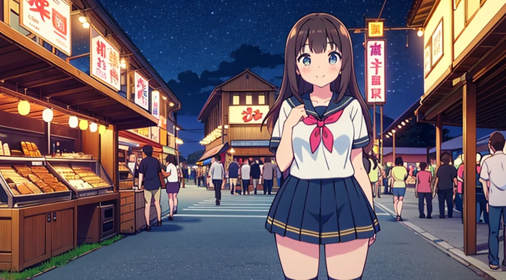 {of the highest quality], [Super beautiful], [Ultra Fine], [best illustration], NSFW,Brown hair, hime cut, by the wide, with bangs, Girl,high school student,uniform,weave,short sleeve,Skirt,smile, blush, Thin women, adult women,standing posture,(public),night park,summer festival,diagonal, Navy Blue Knee High Socks,black bread