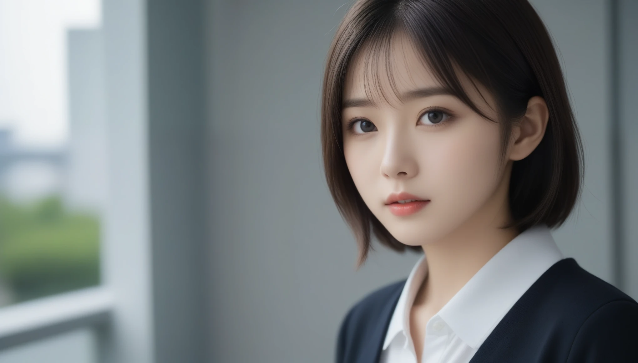 8k, Ultra-high resolution, Highest quality, masterpiece, 三分割法によるphotograph,Surreal, photograph, 1 Girl, (:1.3), pretty girl, Cute Face, Beautiful eyes in every detail, 細かくdetailedに,masterpiece,One Girl:1.2, Japan Female Announcer,extream close up,sad,streaming tears,Long black hair,Short Hair,Messy hair,(black suit:1.3),mourning clothes,(印象派の美しい少女のPortraiture), (Gray background:1.3),(Impressionist light and colour),Realistic Skin, Perfect and beautiful face ,完璧でCute Face, Skin with attention to detail, Perfect limbs、Narrow waist,Looking at the audience、beauty,Long neck,clavicle,(((Ideal body type))),A cup small breasts :2,Portraiture:2,Perfect Anatomy,鮮明なdetailed,detailed,Surreal,Light and shadow,spotlight