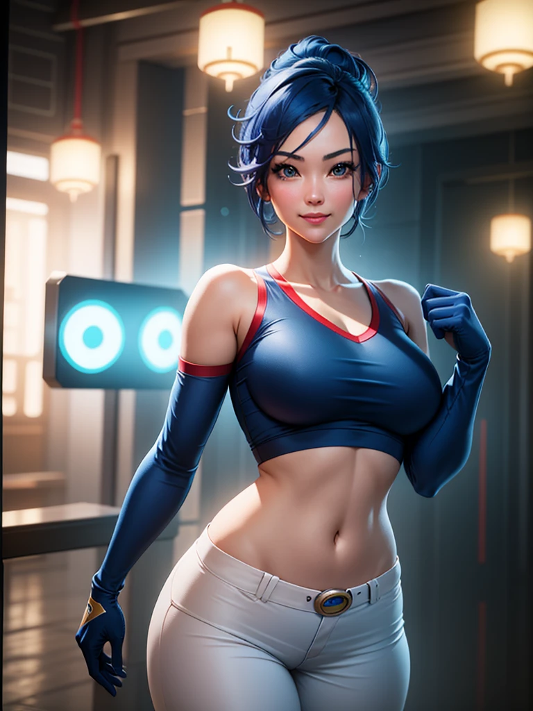 (at night), in a video game scene, a background of a beautiful city during the day raining, standing at attention, semi-short blue hair, glasses on her head, a blue t-shirt on her chest, she has the face of a smiling frog logo type , big belt around the waist, blue fingerless gloves, white exercise pants ((blue hair)), 1 girl, alone, 20 years old, young woman, perfect hands, beautiful fingers, beautiful long legs, beautiful body, beautiful nose, beautiful character design, perfect face, looking at the viewer with serious gesture (focusing on his face), closed mouth, Light_Smile, official art, extremely detailed CG unity 8k wallpaper, perfect lighting, bright and colorful front lighting, glowing skin ( masterpiece: 1.0), (best_quality: 1.0), ultra high resolution, 4K, ultra detailed photography, 8K, HDR, high resolution, nonsense:1.2, Kodak portra 400, film grain, blurred background, bokeh:1.2, flare lens, (vibrant_color:1.2), professional photography, (Beautiful, breasts: 1.4), (beautiful_face: 1.5), (narrow waist),
