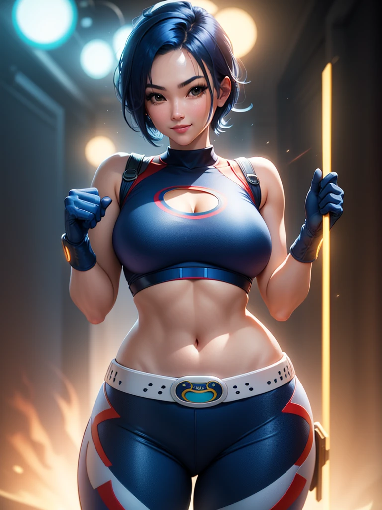 (at night), in a video game scene, a background of a beautiful city during the day raining, standing at attention, semi-short blue hair, a blue t-shirt on the chest, it has the face of a smiling frog type logo, a large belt on the chest. waist, blue fingerless gloves, white exercise pants ((blue hair)), 1 girl, alone, 20 years old, young woman, perfect hands, beautiful fingers, beautiful long legs, beautiful body, beautiful nose, beautiful character design, perfect face, looking at viewer with serious gesture (focusing on his face), closed mouth, Light_Smile, official art, extremely detailed CG unity 8k wallpaper, perfect lighting, bright and colorful front lighting, glowing skin (masterpiece: 1.0) , (best_quality: 1.0), ultra high resolution, 4K, ultra detailed photography, 8K, HDR, high resolution, absurd:1.2, Kodak portra 400, film grain, blurred background, bokeh:1.2, lens flare, (vibrant_color: 1.2), professional photography, (Beautiful, breasts: 1.4), (beautiful_face: 1.5), (narrow waist),
