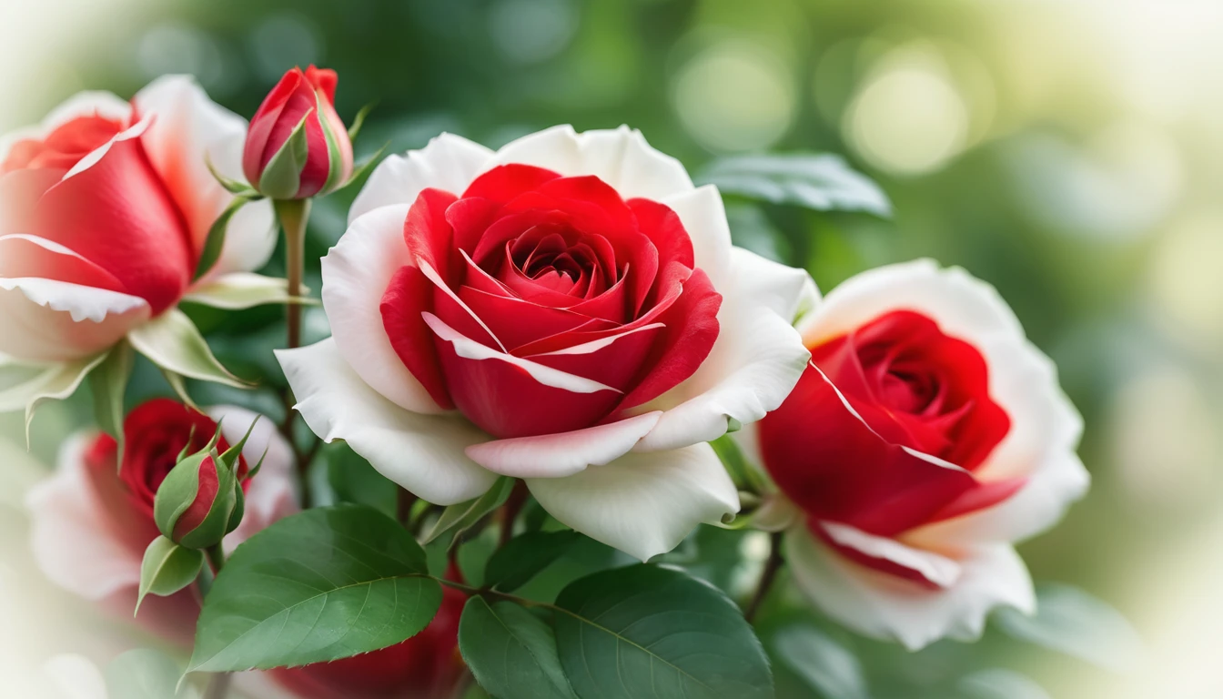 Close-up of vivid red and white roses centered in the frame, soft focus on surrounding lush green foliage, defocused background creating a bokeh effect, nature's palette in full display, natural light, ultra fine details, digital painting