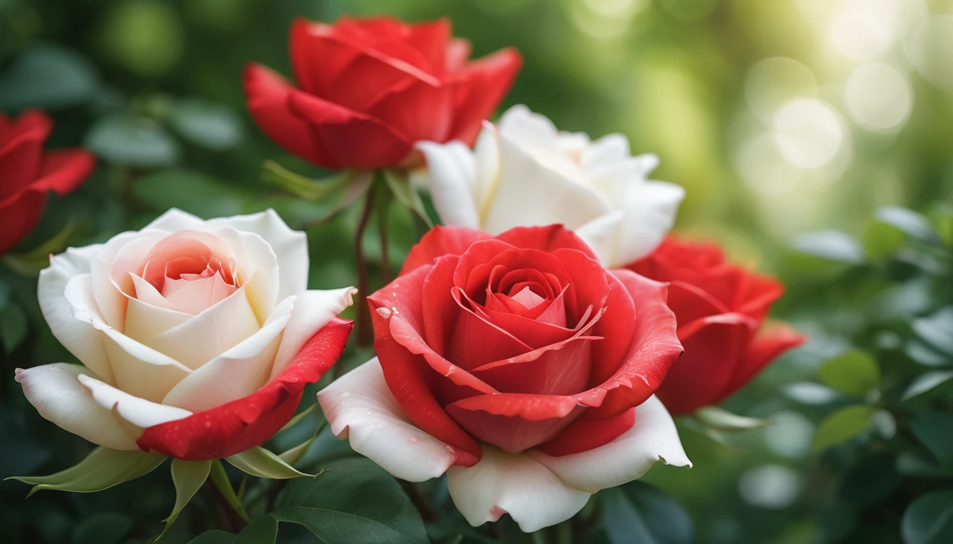 Close-up of vivid red and white roses centered in the frame, soft focus on surrounding lush green foliage, defocused background creating a bokeh effect, nature's palette in full display, natural light, ultra fine details, digital painting
