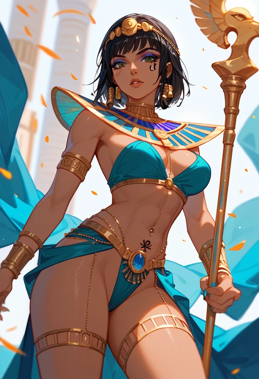 (Fraction_9,Fraction_8_Direction_7_up), （（A woman））（Close shot），Cleopatra，Pharah，egyptian runes，Scepter，dark magic，Tattoo on leg，