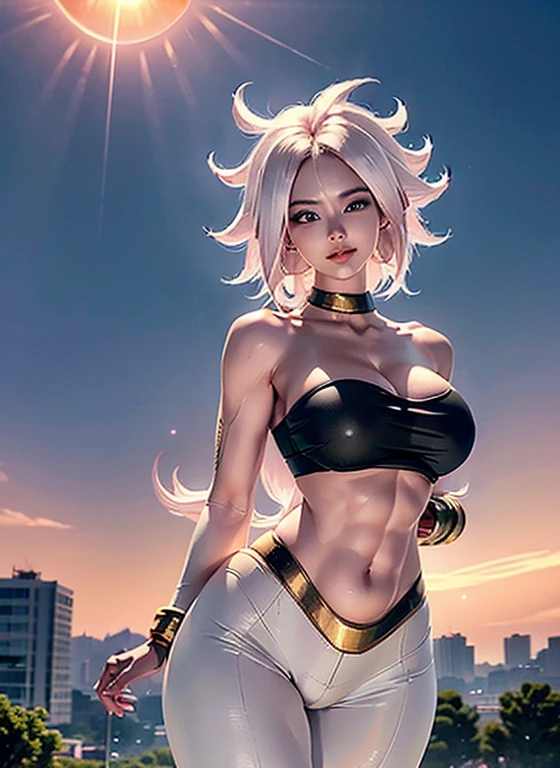 Pink skin, Pink hair, Sexy realistic Female super Saiyan God, Android 21 Majin version, lipstick eyeshadow blush jewelry hair ornament seductive smile looking at viewer attractive Photorealistic, goddess beauty, gravure Azur lane, super Saiyan hair, ripped, six pack abs, super thick, small waist, wide hips beautiful feminine micro bikini, signature super Saiyan outfit, cleavage, massive breasts perfect hair perfect face perfect body perfect hands perfect fingers perfect condition perfect fit perfect image realism detailed background detailed outfit detailed facial features realistic face realistic body, kawaii, cute, hentai, trending on Pixiv anime realism, trending on civitai fantasy, Dragon Ball, Dragon Ball style environment, harajuku makeup ((best quality)), ((masterpiece)), ((realistic)), (detailed), (photorealistic:1.5), (thick body), looking at viewer, dynamic pose, post apocalyptic, destroyed city background, buildings on fire, hdr, ray tracing, nvidia rtx, super-resolution, unreal 5, subsurface scattering, pbr texturing, post-processing, anisotropic filtering, depth of field, maximum clarity and sharpness, rule of thirds, 8k raw, (luminescent particles:1.4), (extremely detailed cg, unity 8k wallpaper, 3d, cinematic lighting, lens flare), reflections, sharp focus, tiniest bikini, massive underboob, camel toe, pantyshot, tight white leggings, Ecchi Hentai, pornstar pose