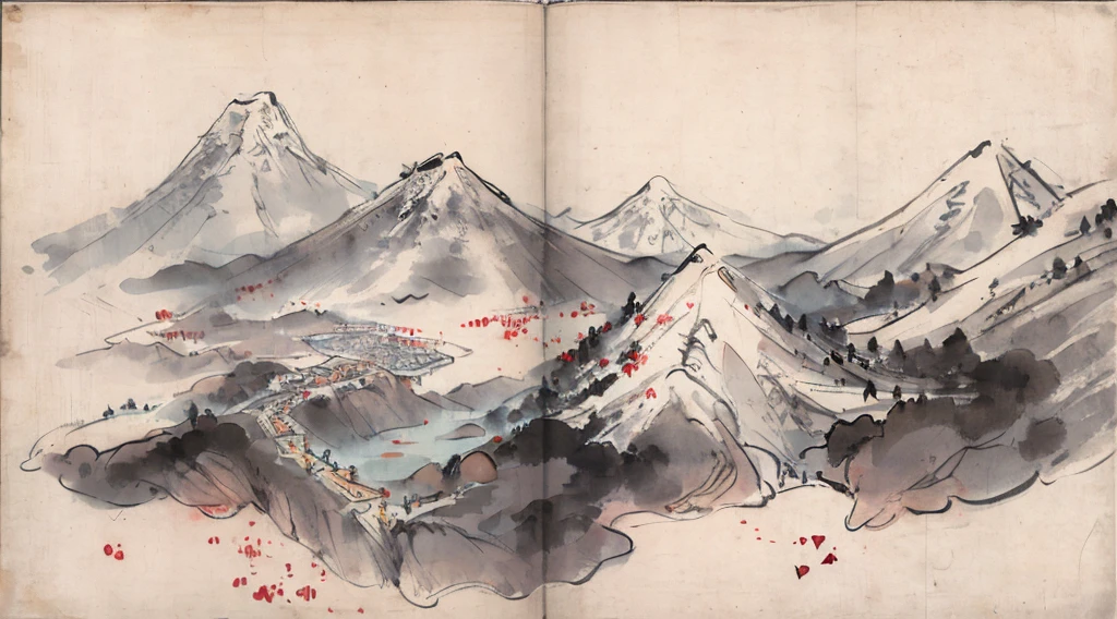 (masterpiece, Highest quality: 1.2), Traditional Chinese Ink Painting, Simple configuration, Map of Shizuoka prefecture, treasure map, The treasure is on Mount Fuji