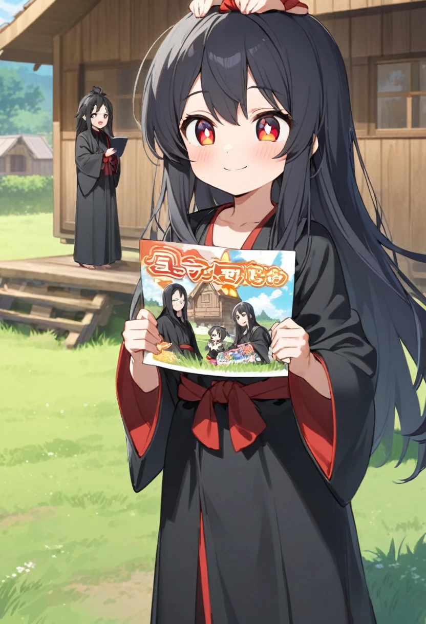 black hair,Long hair,A red bow is tied on his head,Red pupils,Wearing black religious robes,Smile,little girl,flat chest,Holding comics in both hands,on the grass,Wooden house in the background,cute,Young