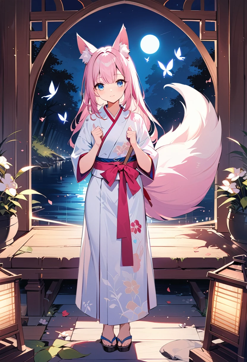 (Highly detailed CG Unity 16k wallpaper), original, (Very elegant and beautiful), (Perfect detail), (Beautiful and vivid background), (One cute girl、 (Fox Ears) 、 (Fox tail on the back) Stand on the banks of the river). (Cute type), (Beautiful eyes in every detail、Letty Face), Silver Hair, Silver Ear, (Pink Hair), (Pink Ears), Long Hair, (Japanese Kimono), (Windblown Hair), (blue eyes), ( Little Girl), Fluttering butterflies, (moonlight), wood, (Suitable for summer), (at night), (gloves), alone, (Descriptive), (Depth of written boundary),God's Rays, spark, Shining Light, (masterpiece)