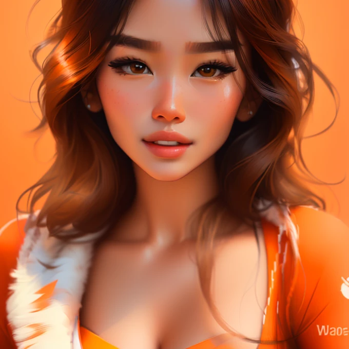 Beautiful woman in orange top holding a heart shaped object, south east asian with round face, headshot profile picture, slightly tanned, 🤤 girl portrait, close up portrait shot, soft portrait shot 8 k, beuatiful face, a young asian woman, detailed face of a asian girl, photo of a beautiful woman