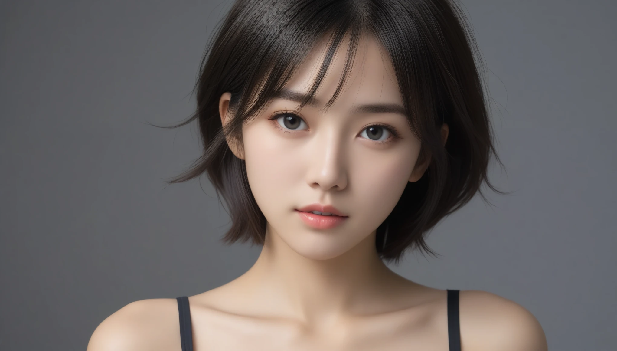 8k, Ultra-high resolution, Highest quality, masterpiece, 三分割法によるphotograph,Surreal, photograph, 1 Girl, (16 years old:1.3), pretty girl, Cute Face, Beautiful eyes in every detail, 細かくdetailedに,masterpiece,One Girl:1.2, Japan Female Announcer,upper body,from below,sad,streaming tears,Black short hair,Messy hair,(black suit:1.3),mourning clothes,(印象派の美しい少女のPortraiture), (Gray background:1.3),(Impressionist light and colour),Realistic Skin, Perfect and beautiful face ,完璧でCute Face, Skin with attention to detail, Perfect limbs、Narrow waist,Looking at the audience、beauty,Long neck,clavicle,(((Ideal body type))),A cup small breasts :2,Portraiture:2,Perfect Anatomy,鮮明なdetailed,detailed,Surreal,Light and shadow,underlighting