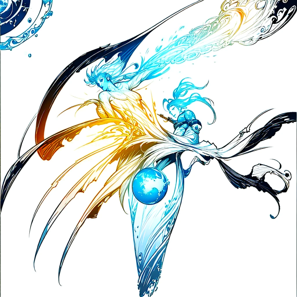 concept art of a fantasy logo, black and white theme, a water woman and a fire man converging and revolving around each other onto a sphere