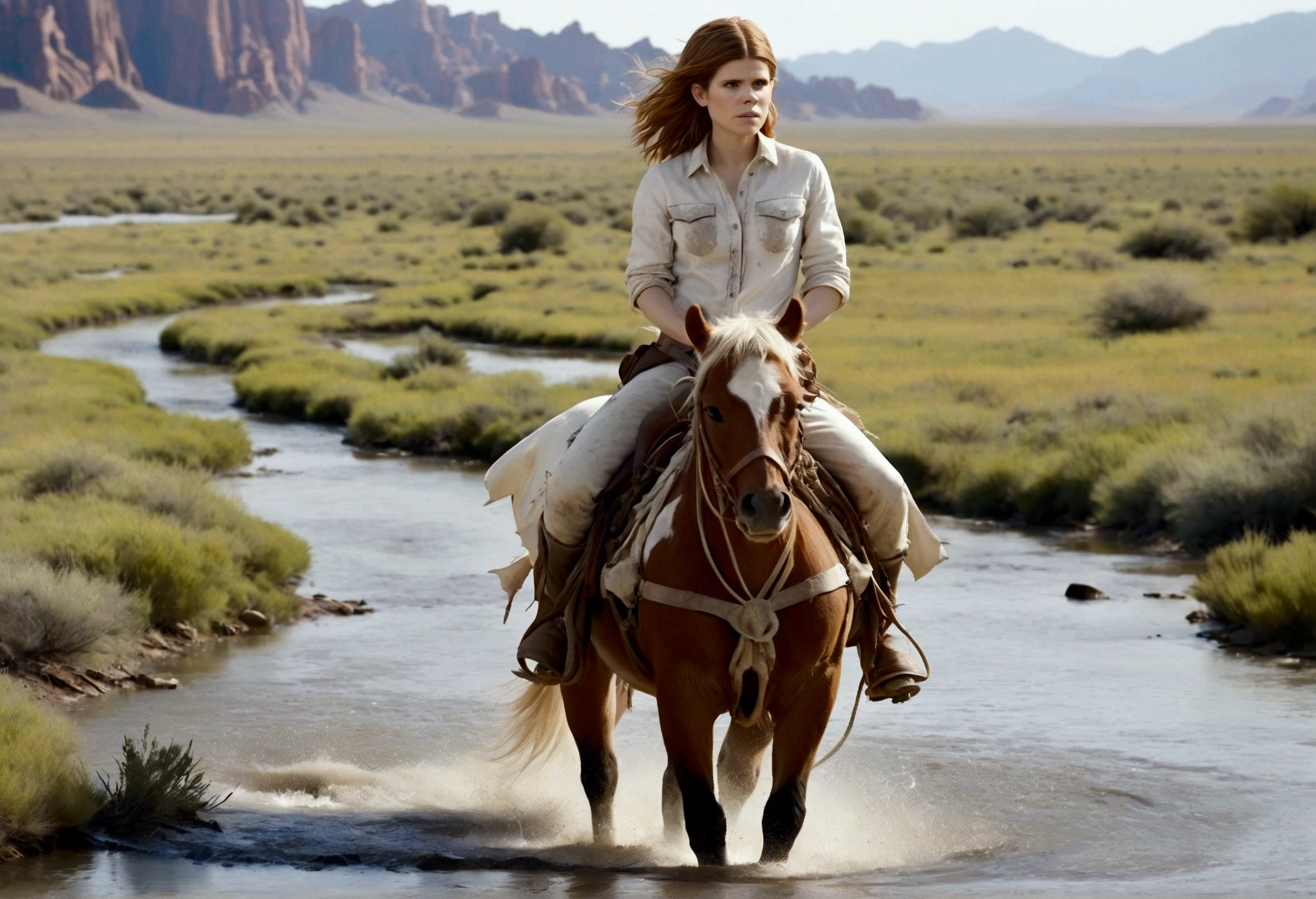 A beautiful young woman (Kate Mara, age 25), dirty and disheveled, wearing a tattered white cowboy outfit, riding a white pony through a cattle drive crossing a stream, surrounded by rolling plains