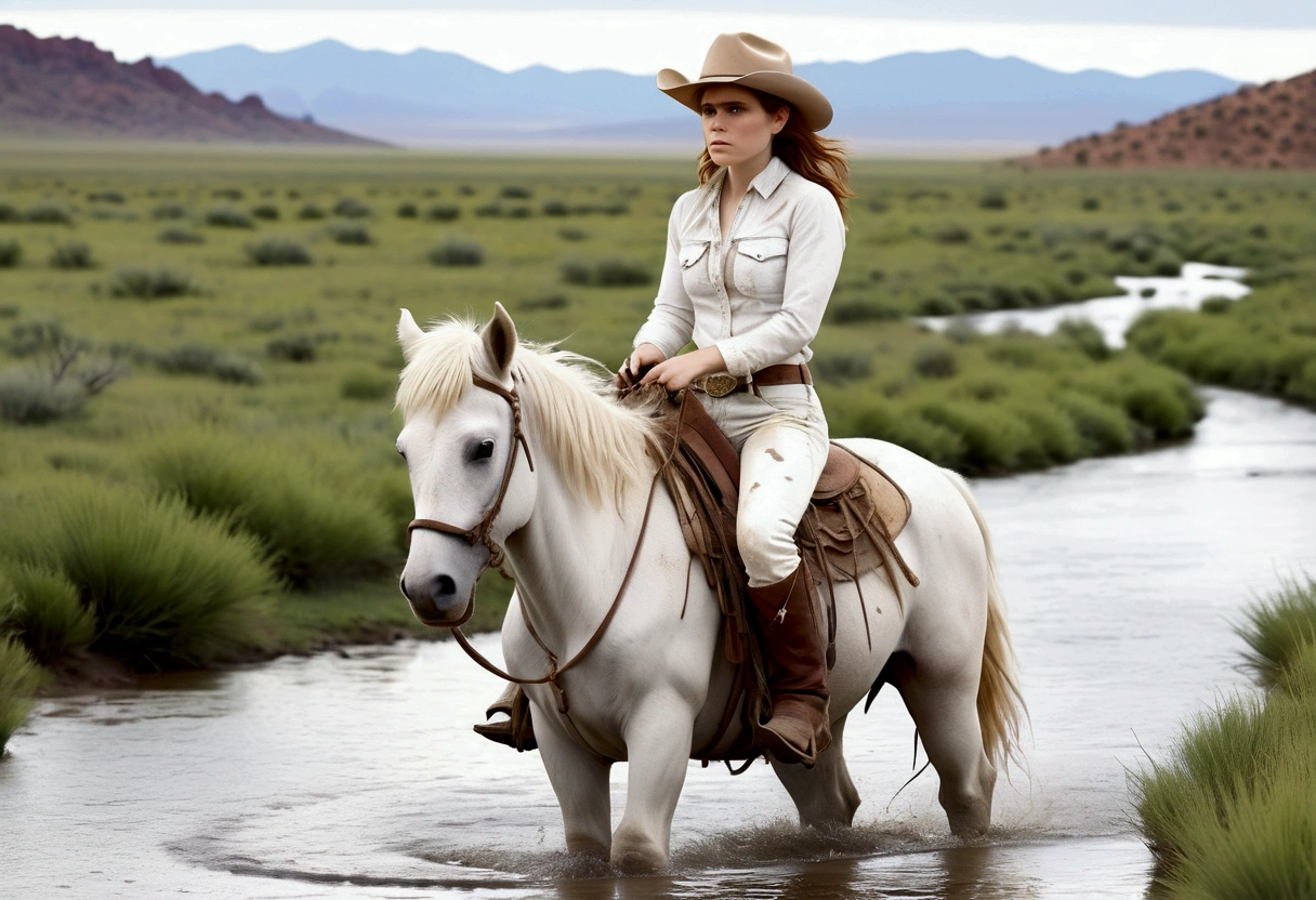 A beautiful young woman (Kate Mara, age 25), dirty and disheveled, wearing a tattered white cowboy outfit, riding a white pony through a cattle drive crossing a stream, surrounded by rolling plains