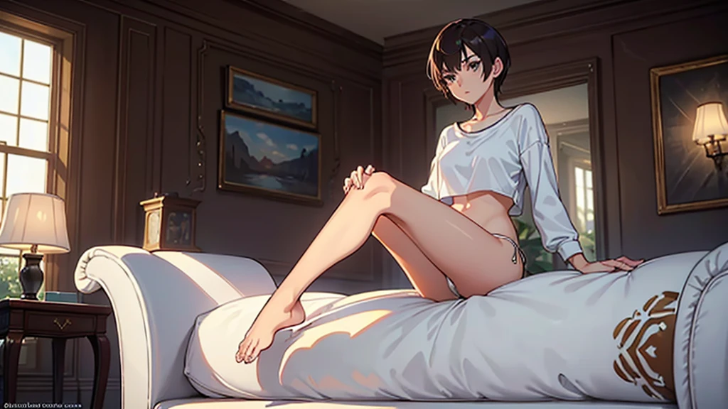 a beautiful girl, slender, boyish, handsome short hair, brown hair, (wear a white long-sleeved T-shirt), (white bikini panties) , Perfect hands, Perfect body, reclining, lying on a sofa, body facing up, legs retracted touching the sofa, , throw one's leg over the arm of the chair, (barefoot), ((two legs)), ((looking away)), relaxing, seduction, room, midnight, ((Exquisite detail)), Very finely crafted fingers(((10 fingers))), (full body showcase), (Show your whole body), (No logos on background), (No logo), (from below)
, feet focus, dynamic angle, high resolution, official art