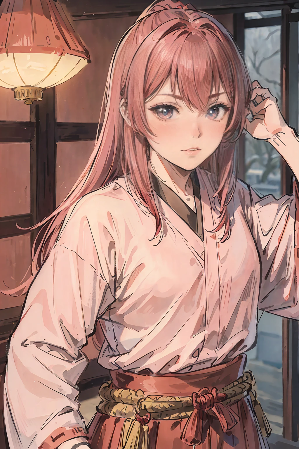 Rogue, a pink  haired , wearing a red samurai armor, long hair, fasion hair, samurai armor, slim body, shirt ornament, hakama, tall 187cm, 25yearold, samurai, katana, female, beautiful