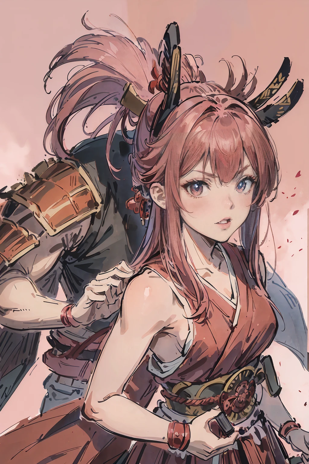 Rogue, a pink haired , wearing a red samurai armor, long hair, fasion hair, samurai armor, slim body, shirt ornament, hakama, tall 187cm, 25yearold, samurai, katana, female, beautiful